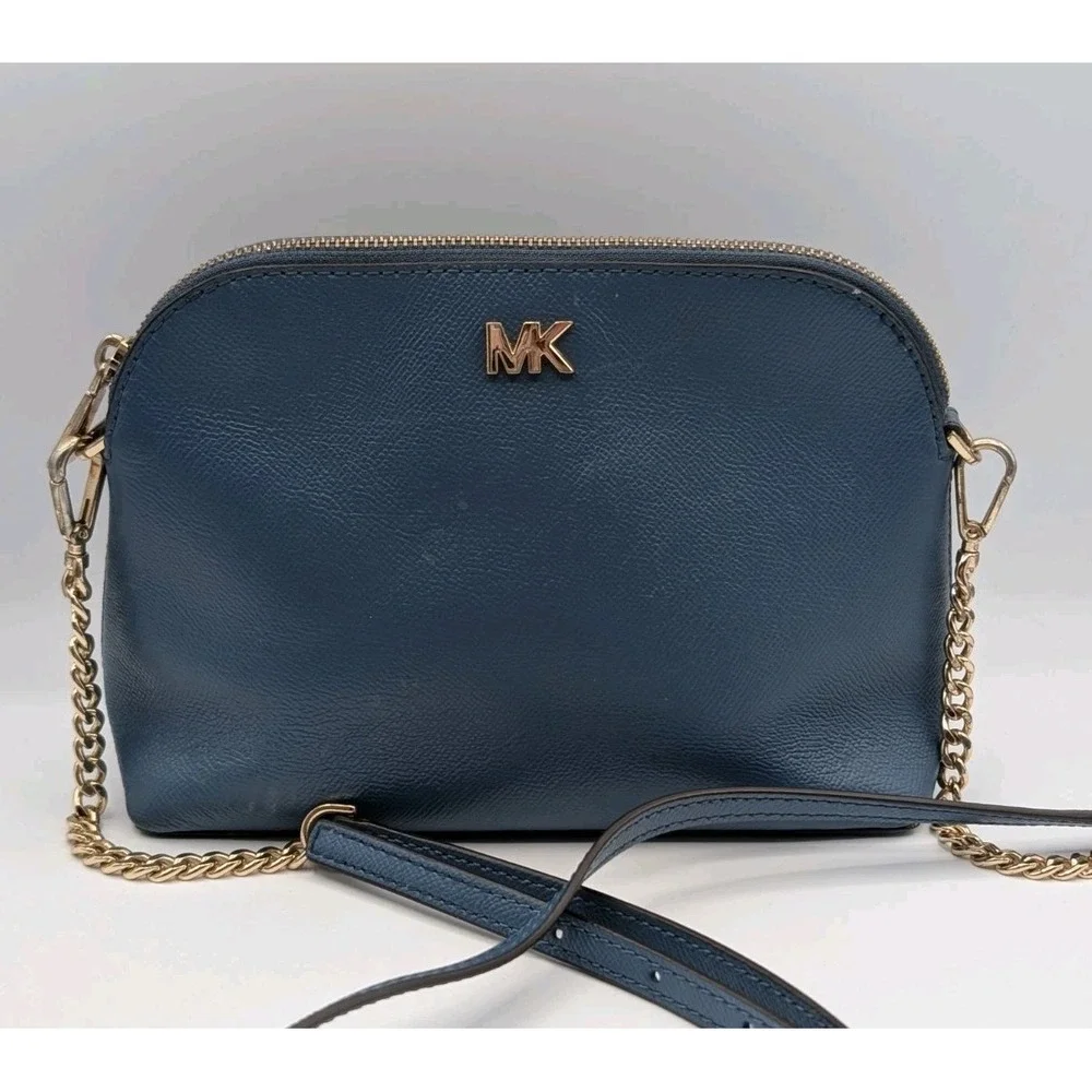 Michael Kors Teal Blue Leather Dome Crossbody Bag Gold Chain Strap Purse MK